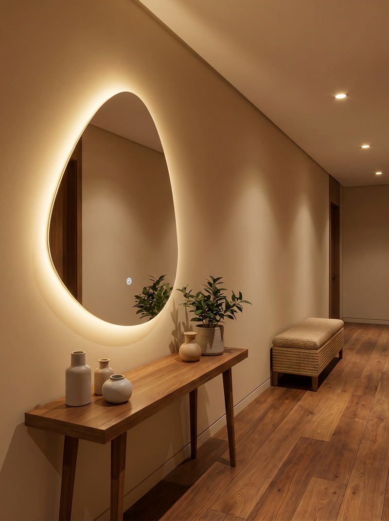 Asymmetric backlit Noah mirror mounted in warm-toned hallway above wood console table with ceramic vases and potted plants…