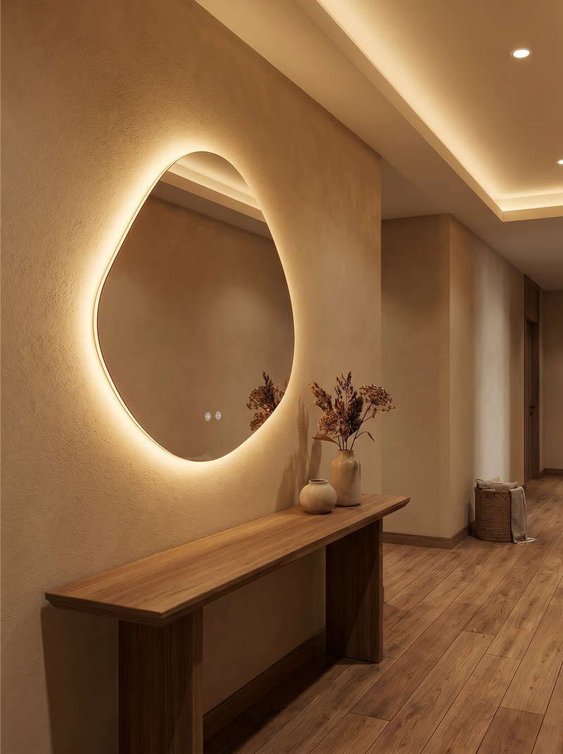 Asymmetric backlit LED mirror mounted above slim oak console in dimly lit hallway, warm amber glow casting soft halo on te…