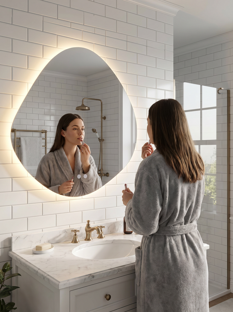 Woman in grey robe applying lipstick at marble vanity, reflected in asymmetric backlit Ethan LED mirror with warm glow, wh…