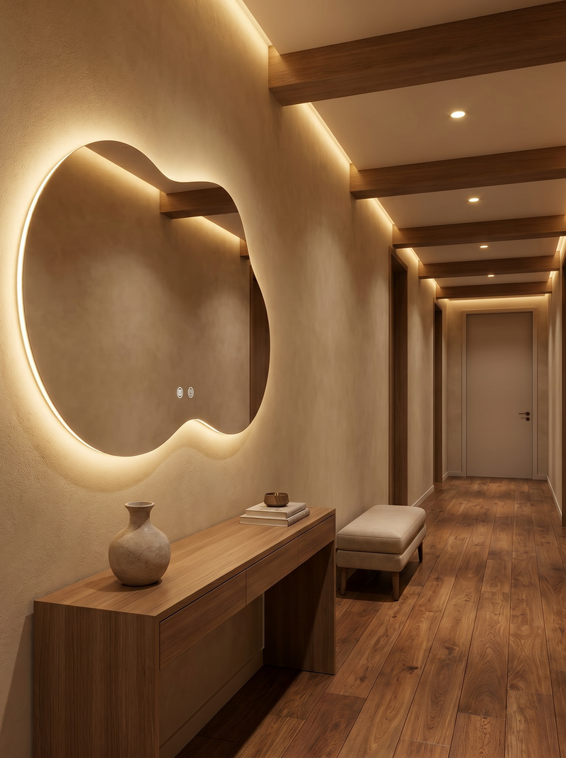 Asymmetric backlit LED mirror mounted in warm-toned hallway above wood console, glowing amber, with bench and recessed cei…