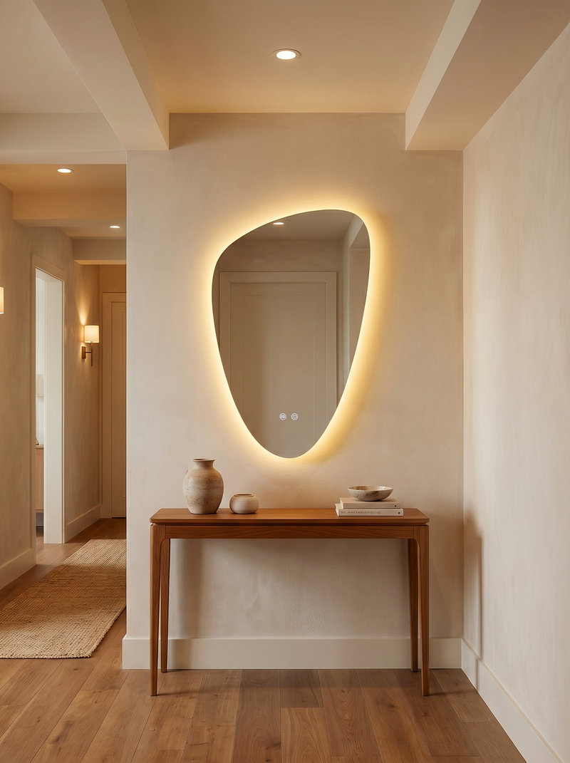 Asymmetrical backlit LED mirror mounted above a walnut console table in a neutral hallway, warm amber glow, lifestyle setting
