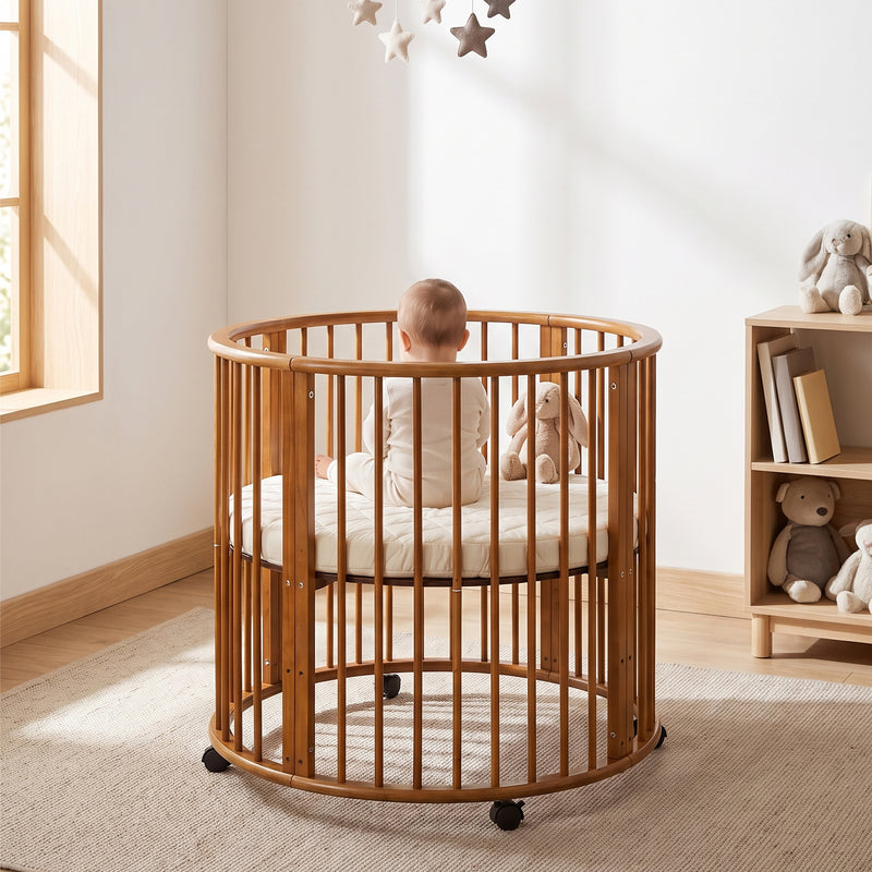 Rund babylegeplads med hjul og madras