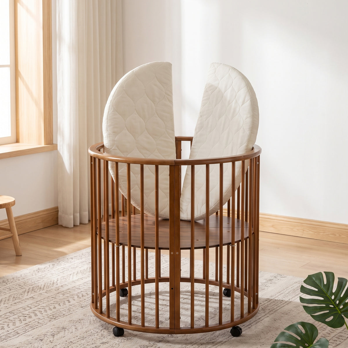 Round baby playpen with wheels and mattress