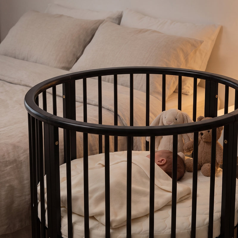Round baby playpen with wheels and mattress