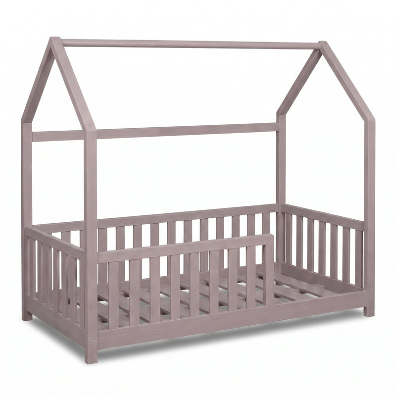 Clay grey wooden toddler house bed with slatted safety rails on three sides, angled front view, no mattress shown