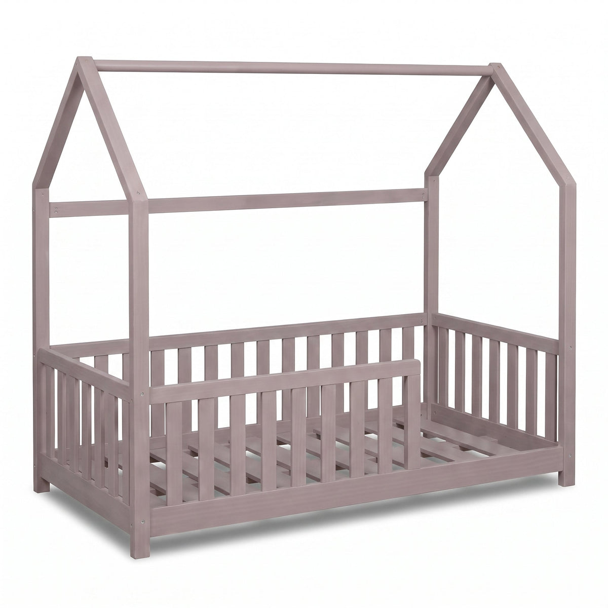 Clay gray solid wood toddler house bed with slatted safety rails on all sides, angled front view, no mattress shown