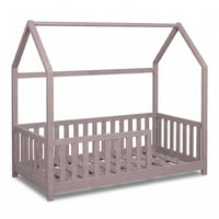 Clay gray solid wood toddler house bed with slatted safety rails on all sides, angled front view, no mattress shown