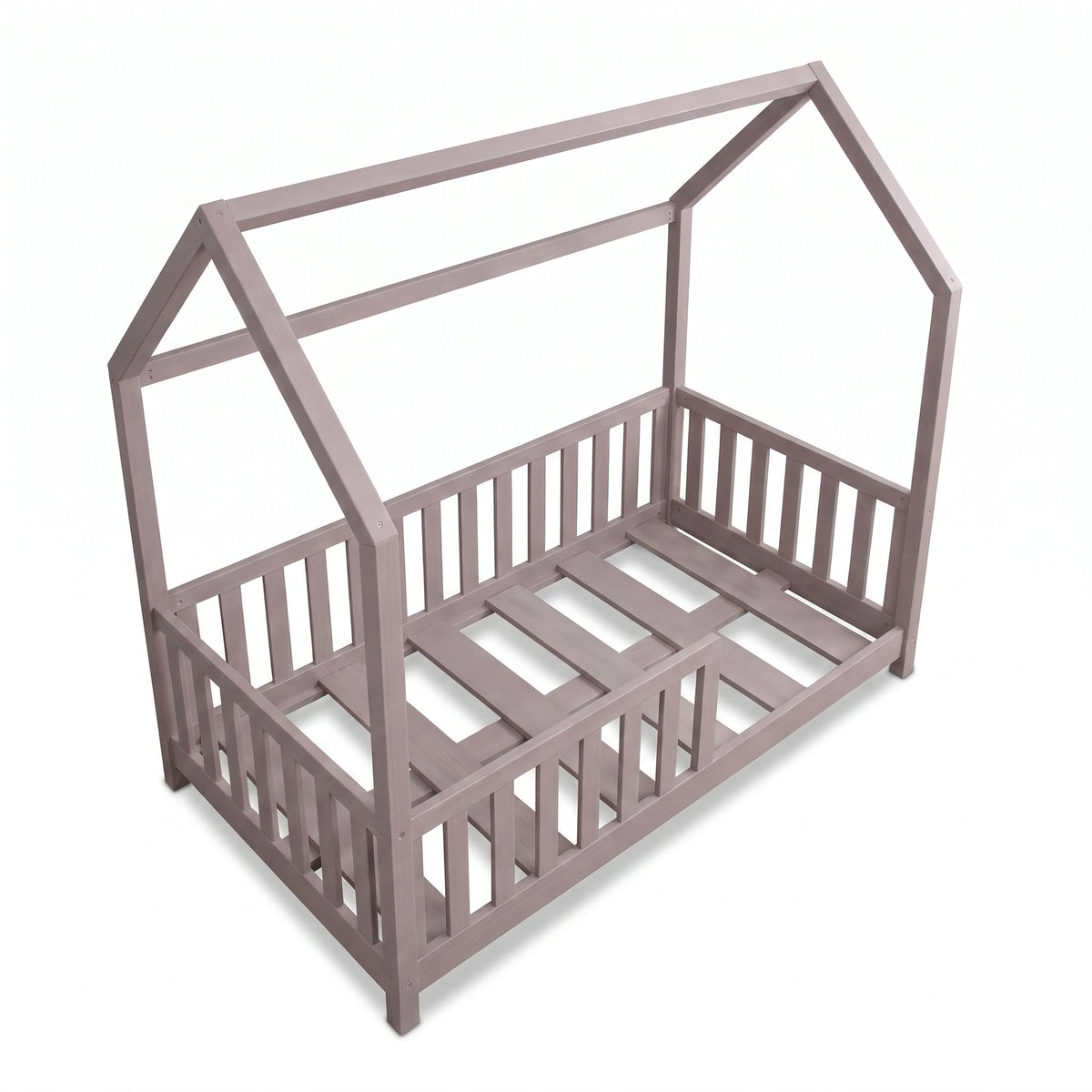 Angled overhead view of clay grey wooden house bed frame showing roof structure, slatted base, and full-perimeter safety r…