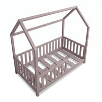 Clay gray wooden toddler house bed frame, angled three-quarter rear view, full safety rails and slatted base, no mattress
