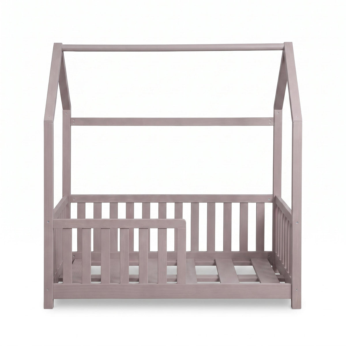 Clay grey wooden house bed frame, front-on view, showing slatted safety rails on three sides and open roof structure, no m…
