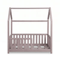 Clay gray solid wood toddler house bed, straight-on front view, slatted safety rails on three sides, no mattress