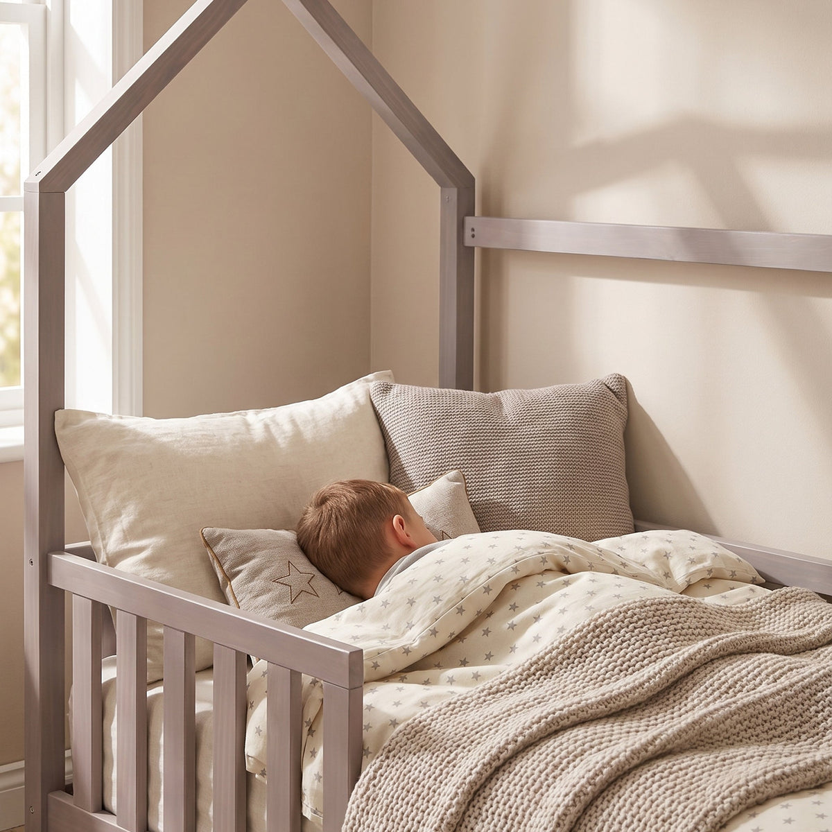 Child sleeping in clay gray wooden house-shaped toddler bed, star-print duvet and knit cushions, lifestyle close-up from t…