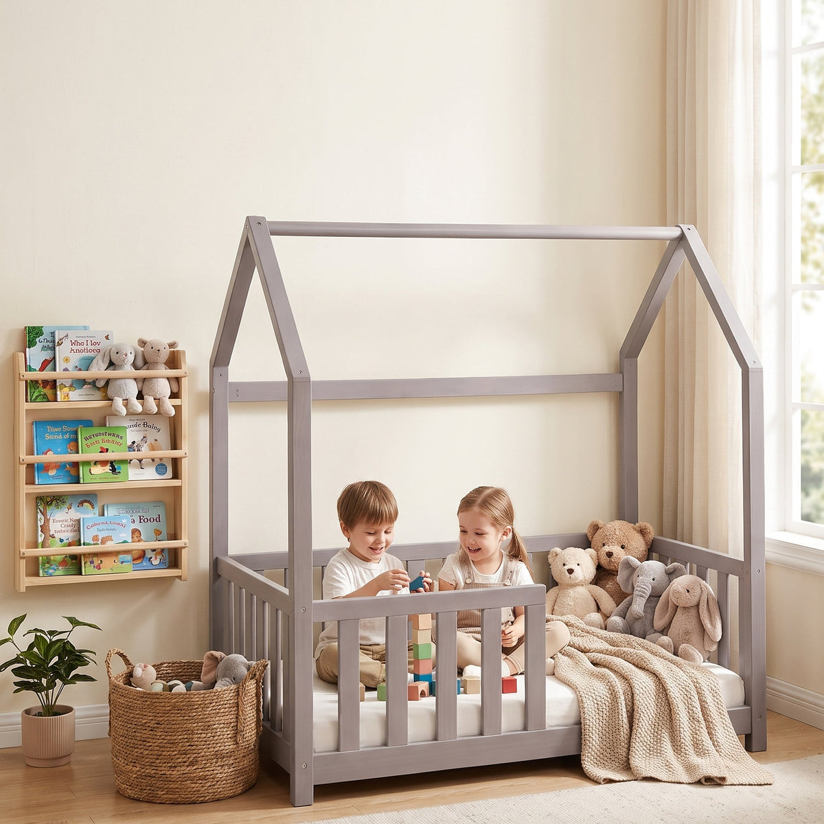 Two children playing with wooden blocks inside a clay gray house-shaped toddler bed with full safety rails, stuffed animal…