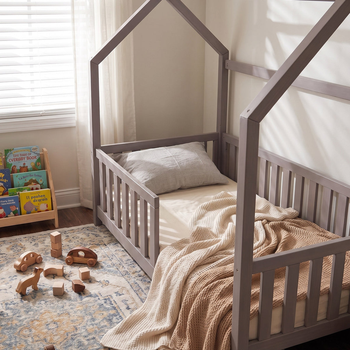 Grey wooden house-frame floor bed with slatted safety rails, styled with knit blanket and pillow in a sunny child's room w…