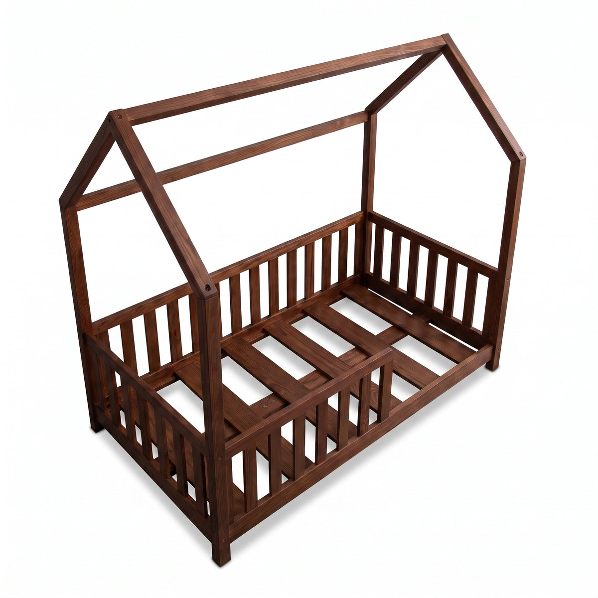 Dark walnut wooden children's house bed, angled rear-left view showing slatted base and three-sided safety rails, no mattress