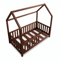 Dark walnut wooden children's house bed, angled rear-left view showing slatted base and three-sided safety rails, no mattress