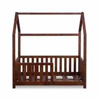Walnut brown wooden children's house bed, straight-on front view, showing roof frame, vertical safety rails, and slatted base