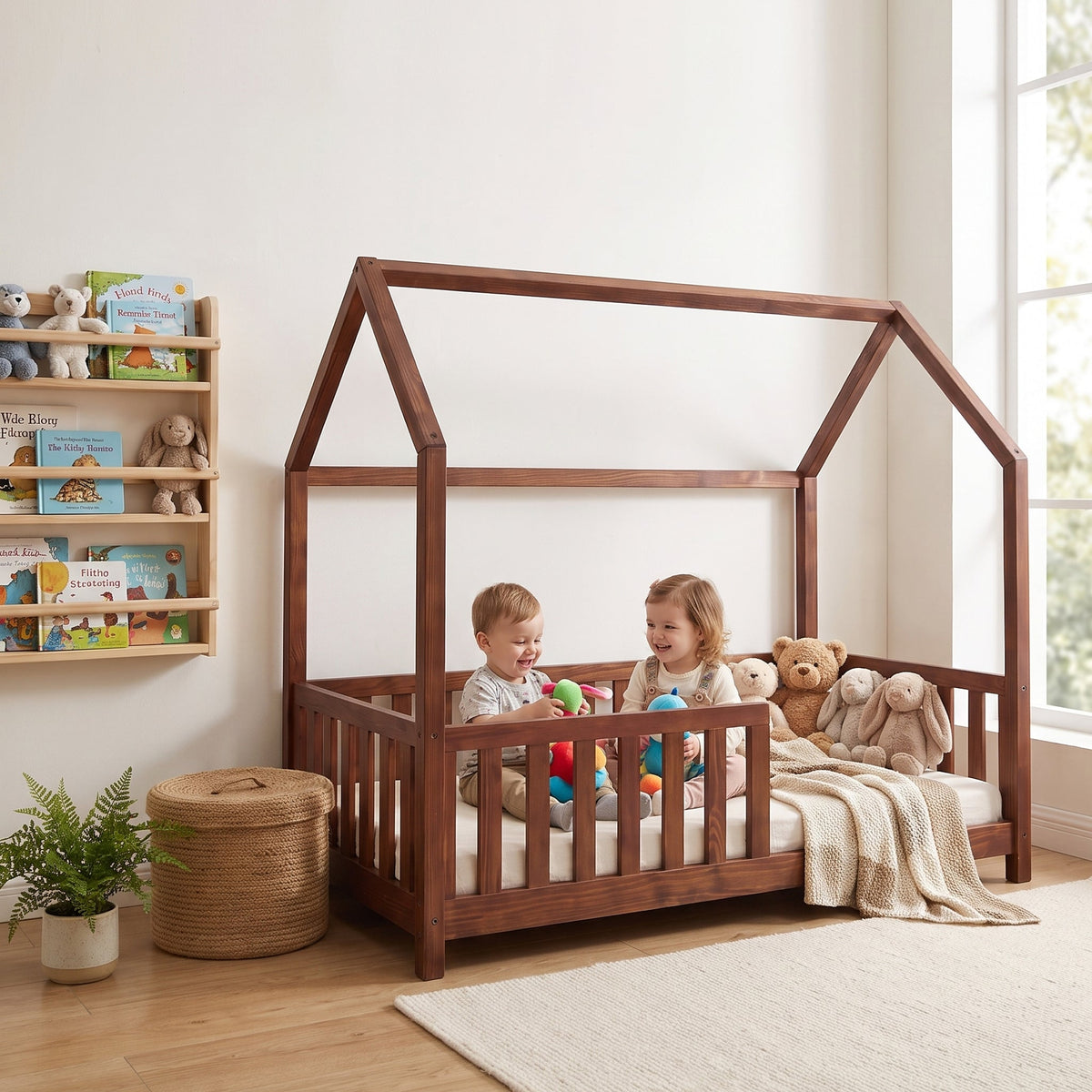 Walnut brown house-frame toddler bed with safety rails, two laughing children sitting inside with stuffed toys, lifestyle…