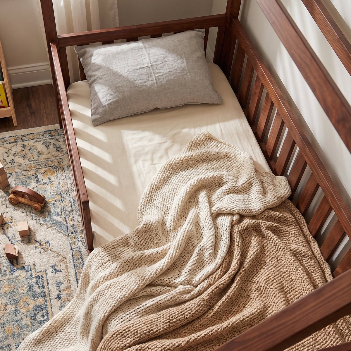 Overhead view of walnut brown wooden toddler bed with safety rails, cream fitted sheet, knit blanket, and grey pillow in s…