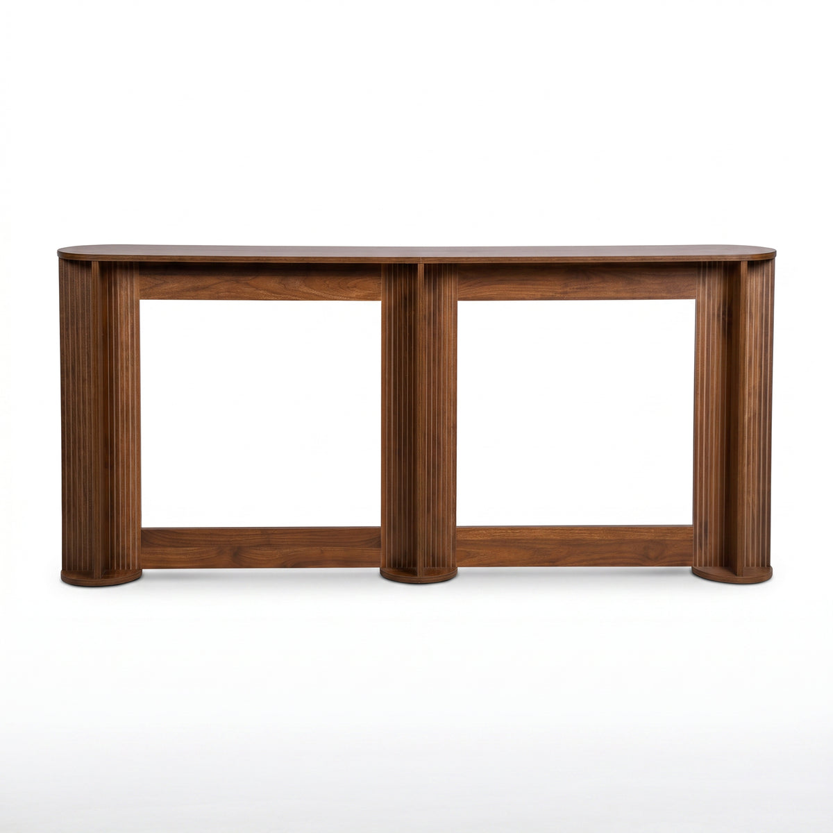 Japandi console table with ribbed column legs and oval tabletop