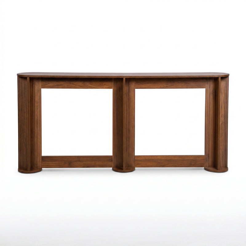 Japandi console table with ribbed column legs and oval tabletop