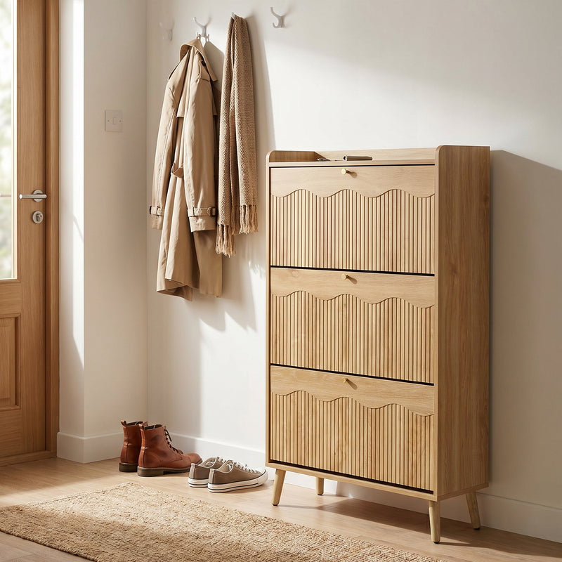 Tall Japandi shoe cabinet with open shelf