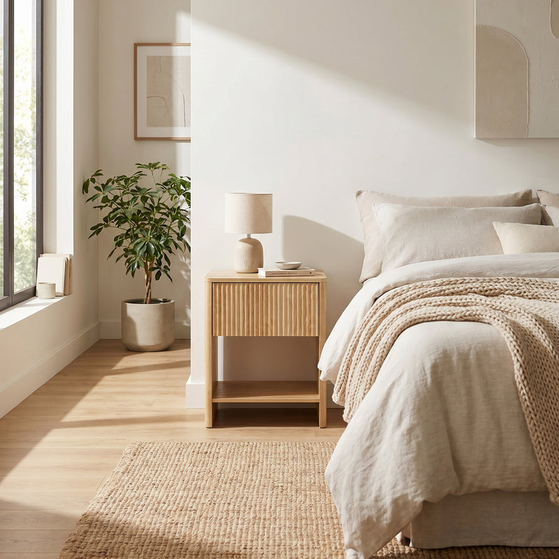 Japandi nightstand set with ribbed drawer front