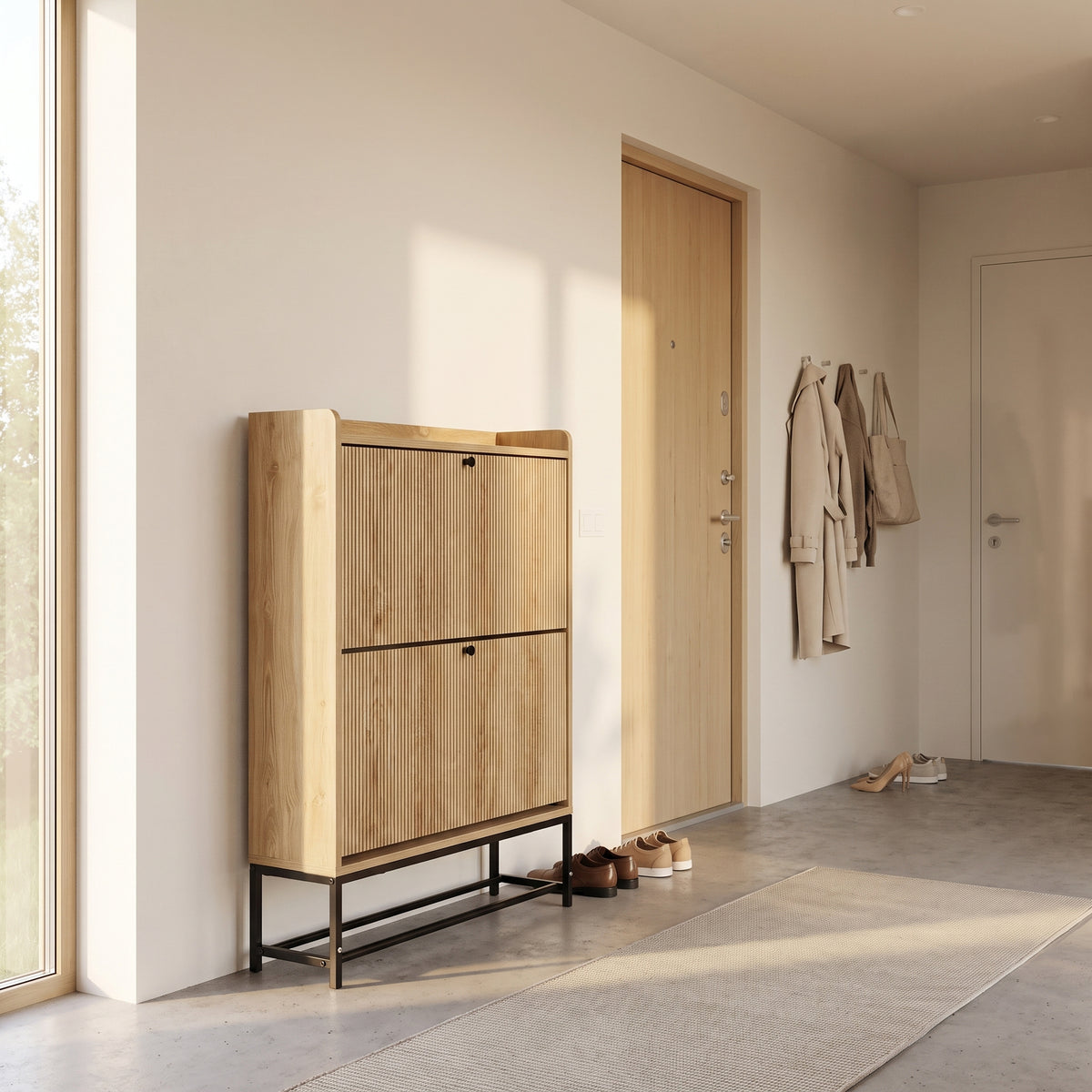 Japandi shoe cabinet with flip-down doors
