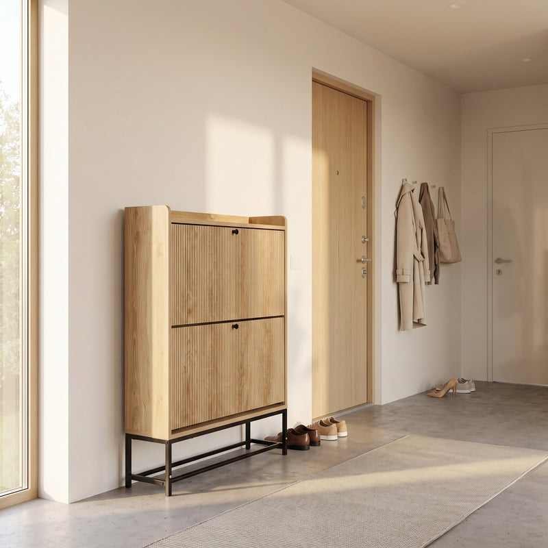 Japandi shoe cabinet with flip-down doors