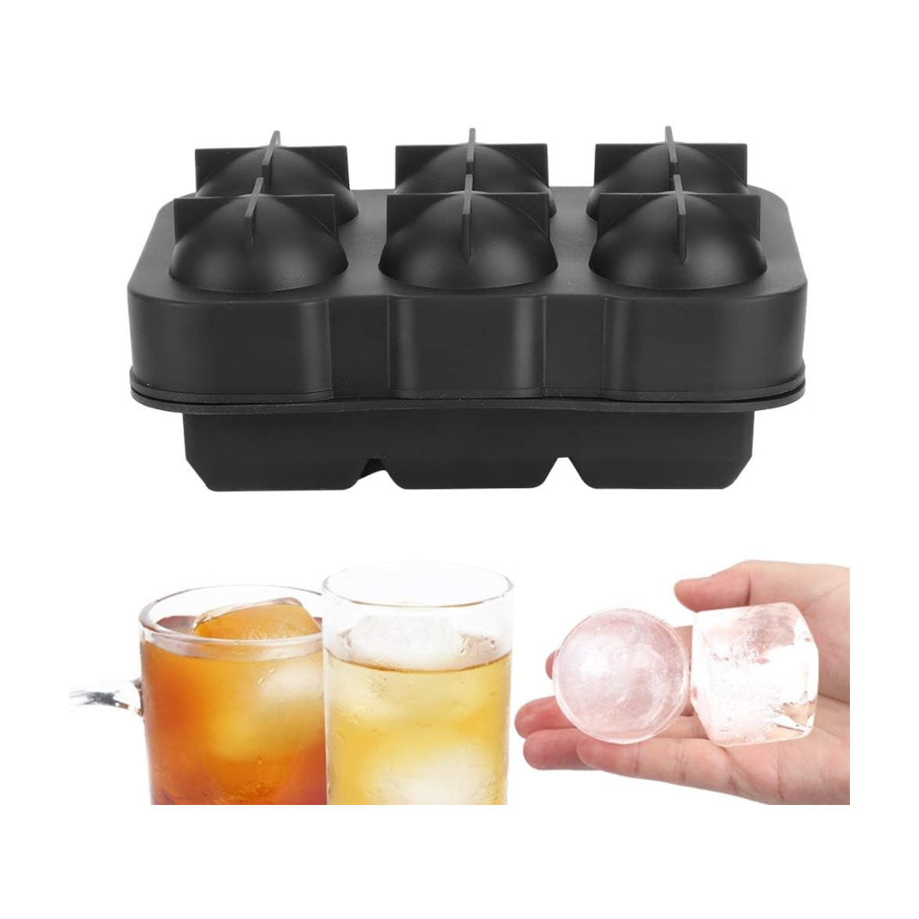 Black 6-cavity round ice ball mould above lifestyle shot of iced drinks and a hand holding a clear sphere and square ice cube