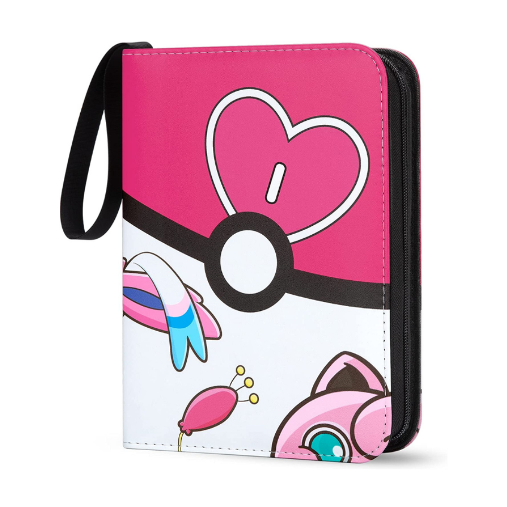 Pink Pokémon-themed zippered card binder with heart Poké Ball design, Jigglypuff and Sylveon artwork, and black wrist strap