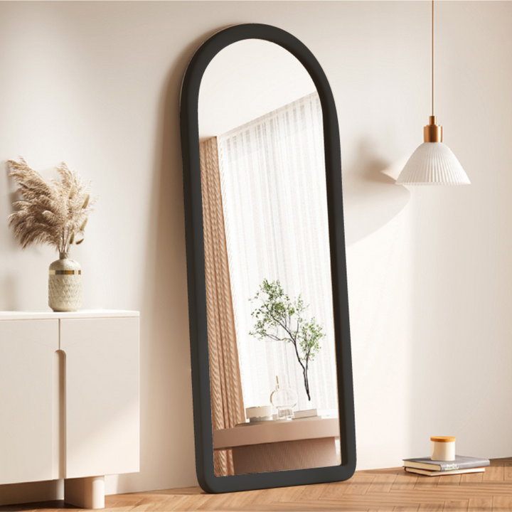 Upholstered Oval Standing Mirror 160x60 cm - Suede Velvet - Black