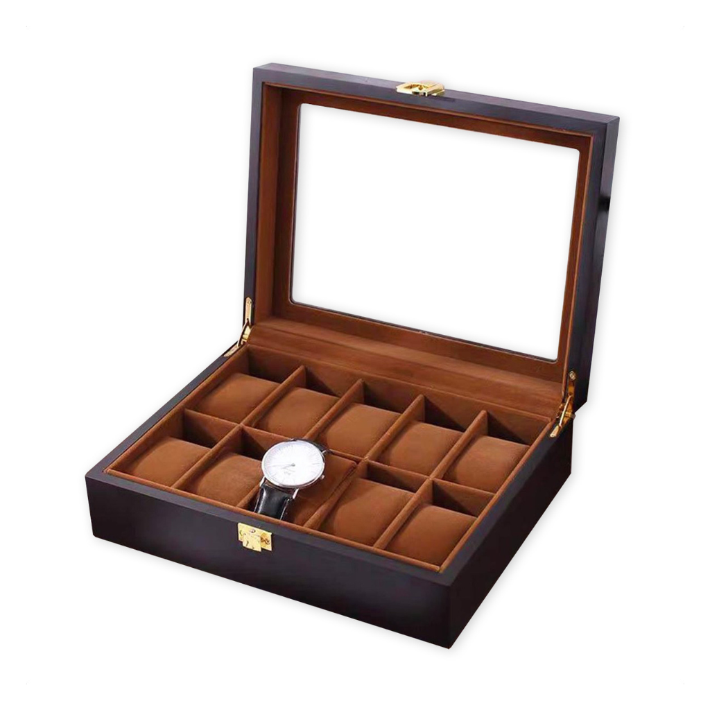 Open dark brown lacquered watch box angled view, one watch in centre slot, 10 tan cushioned compartments, glass lid raised…
