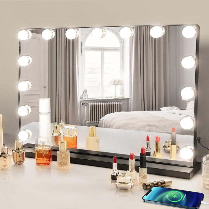 Miroir de maquillage Hollywood avec 15 lampes LED 80x60 cm - Noir