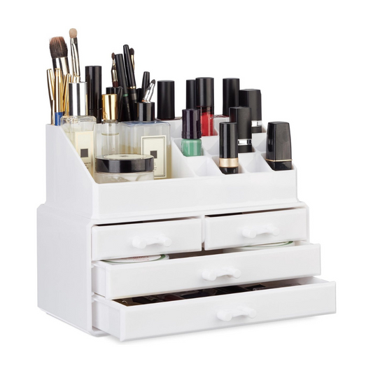 Organizador de maquillaje con cajones regulables.