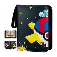 Black zippered trading card binder with Pikachu, Pokeball, and Squirtle print, carry handle on top, inset views showing op…
