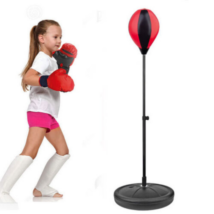 Boxball für Kinder mit Boxhandschuhen – höhenverstellbar (88,5–121 cm) – für den Innen- und Außenbereich – schwarz/roter Reflexball