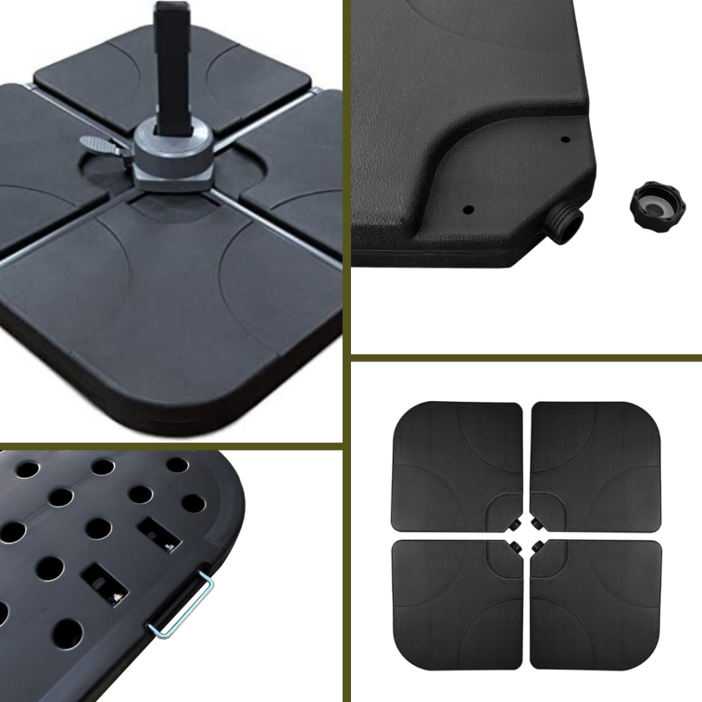 Four black plastic parasol base tiles shown in multi-angle collage: assembled on pole, fill port with cap, underside holes…