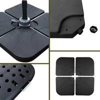 Four black plastic parasol base tiles shown in multi-angle collage: assembled on pole, fill port with cap, underside holes…