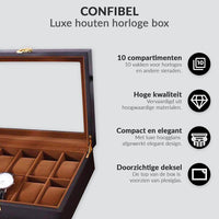 Confibel dark brown watch box open at angle showing 10 tan cushioned slots, one white-dial watch inside, glass lid raised