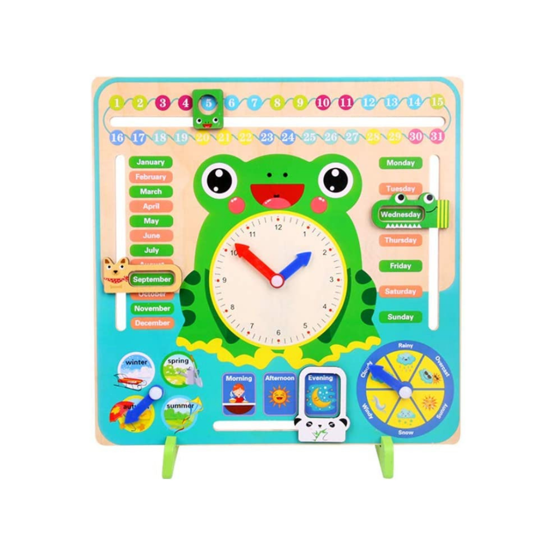 Buxibo – Bunte Holz-Lernuhr Frosch – Spielzeuguhr – Kalenderuhr – Übungsuhr – Lernspielzeug – Lernhilfe – Mehrfarbig