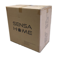 Sealed brown cardboard SensaHome shipping box, angled view showing front logo and side label with weight and dimensions