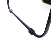 Black metal support rod and bracket detail on the lower back of the gold full-length mirror frame, white background