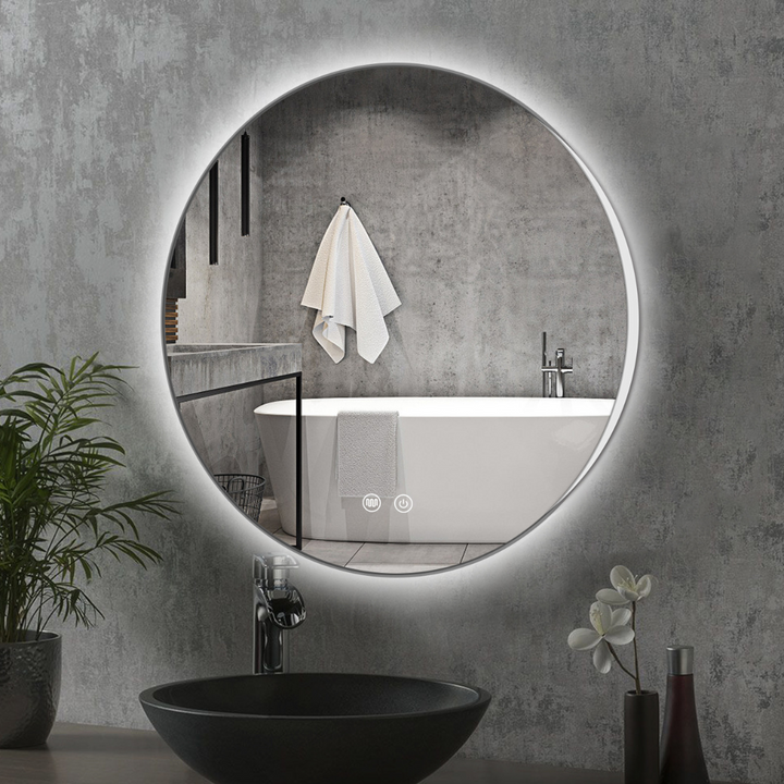 Round bathroom mirror with lighting and heating