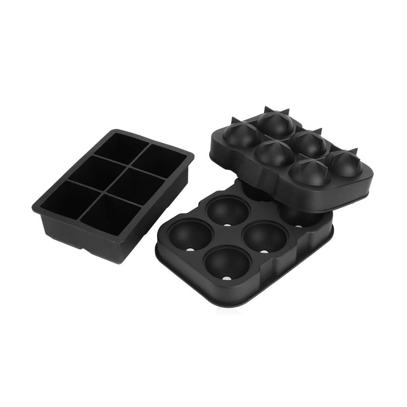 Black silicone ice cube tray set showing 6-cavity square tray beside stacked round sphere mould halves, white background