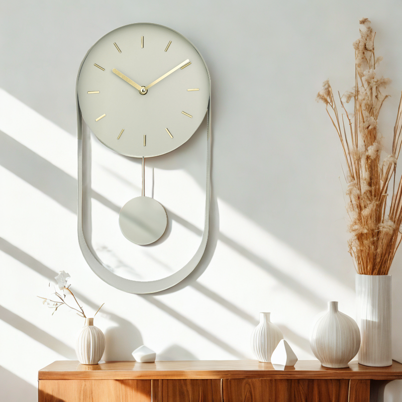 Pale green pendulum wall clock on wood sideboard, gold hands, oval iron frame with disc bob, white ceramic vases and dried…