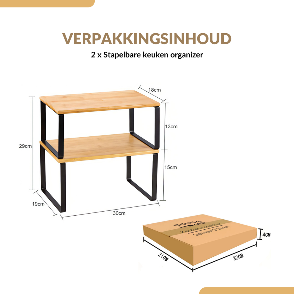 Dimension diagram of two-tier bamboo and black metal kitchen organiser showing 30×29cm size, beside its flat packaging box