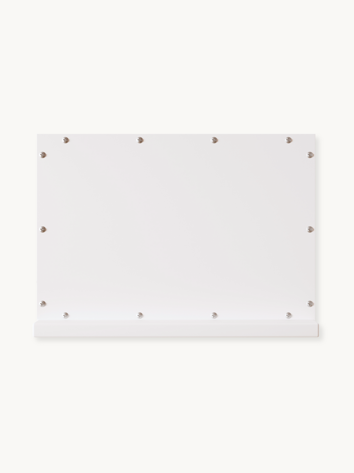 Back of white Hollywood vanity mirror showing silver screws around the rectangular metal frame perimeter, plain white surf…