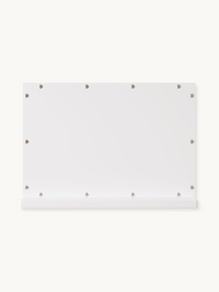 Back of white Hollywood vanity mirror showing silver screws around the rectangular metal frame perimeter, plain white surf…