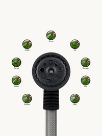 Front-facing close-up of black hose nozzle head showing 9 spray pattern ports, surrounded by labelled thumbnails: Cone, Je…
